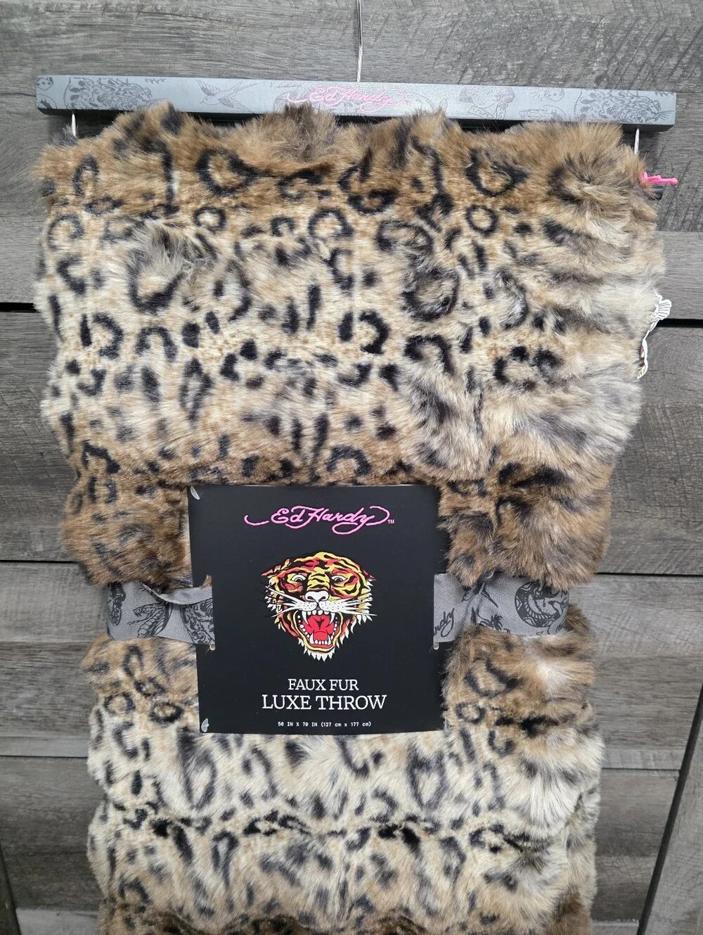 Set Of 2 Ed Hardy Faux Fur Luxe Throw Blankets Leopard & Tiger Print